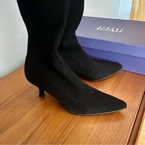 Stuart Weitzman Straightaway Black Stretch Suede Kitten Heel Boots